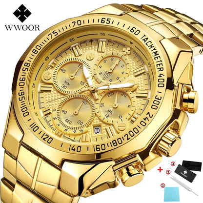 WWOOR Top Brand Luxury Sport Watch For Men Quartz Chronograph Date Luminous Black Full Steel Wrist Watch Male Clock Reloj Hombre