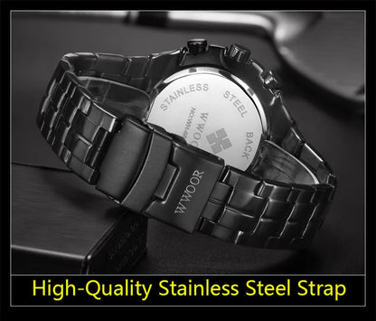 WWOOR Top Brand Luxury Sport Watch For Men Quartz Chronograph Date Luminous Black Full Steel Wrist Watch Male Clock Reloj Hombre