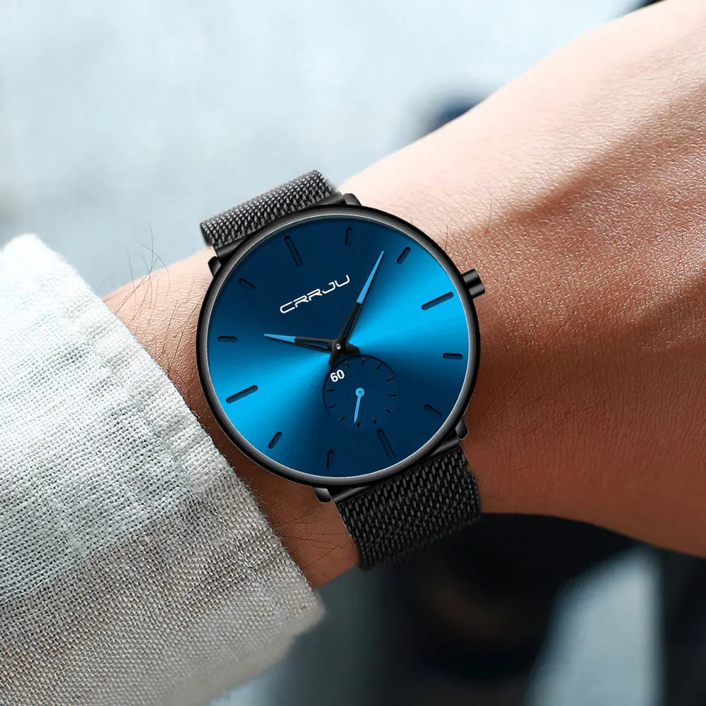 Relógio para homem CRRJU – Relógio de quartzo de luxo, estilo descontraído, fino, com bracelete em malha de aço, estanque e desportivo.