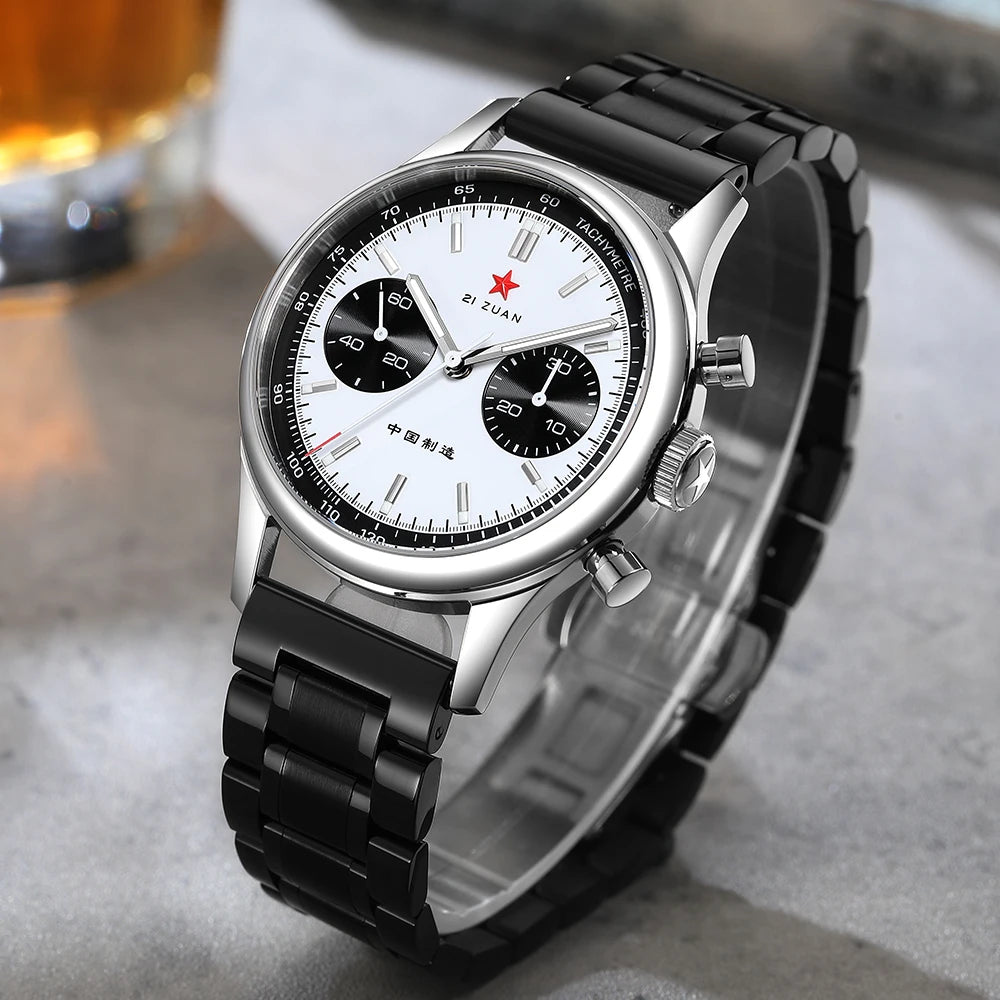 Red Star Panda Mens 1963 Chronograph Mechanical Wristwatch Seagull st1901 Movement Gooseneck 40mm Luminous Sapphire Pilot Watch