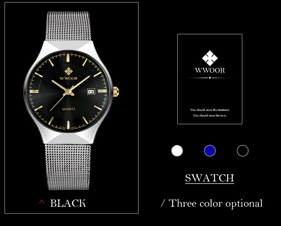 WWOOR Silver Men Watches with Mesh Steel Top Brand Luxury Ultra Thin Quartz Waterproof Date Business Wristwatch Box Montre Homme