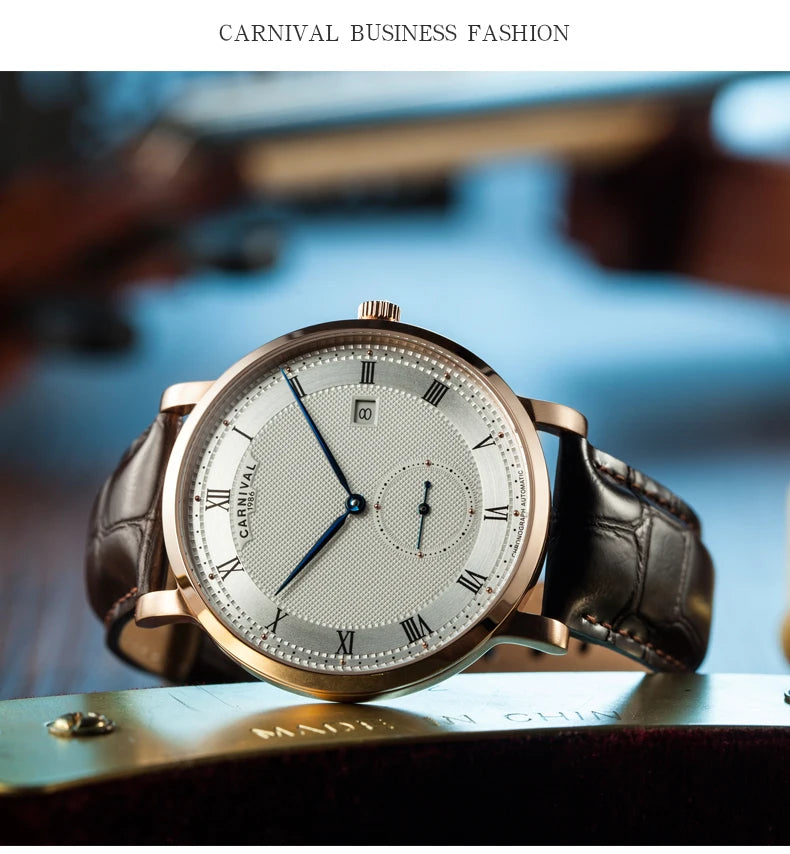 Carnival Brand Luxury Business Watch Fashion Waterproof Rose Gold Silver Calendar Automatic Mechanical Wristwatch For Men Reloj