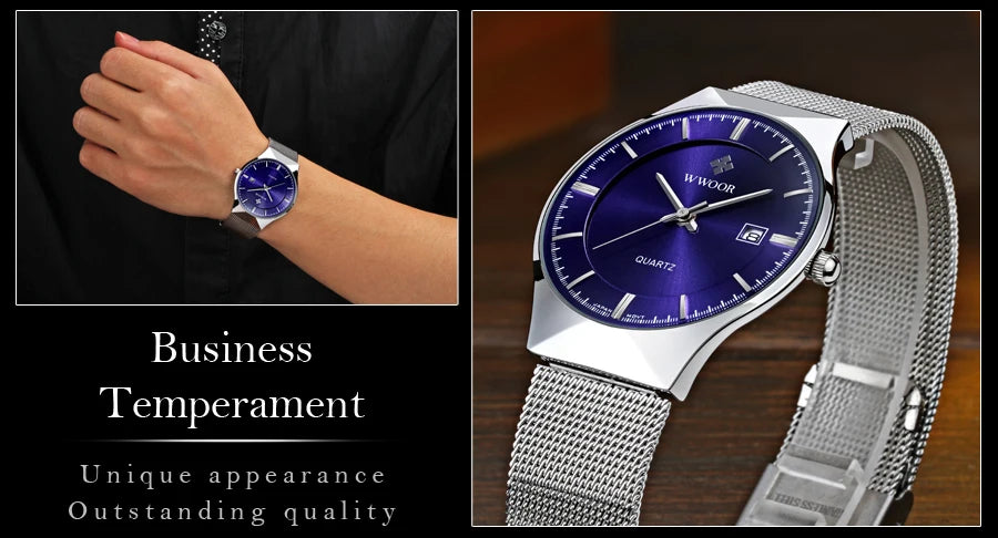 WWOOR Silver Men Watches with Mesh Steel Top Brand Luxury Ultra Thin Quartz Waterproof Date Business Wristwatch Box Montre Homme