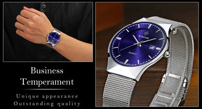 WWOOR Silver Men Watches with Mesh Steel Top Brand Luxury Ultra Thin Quartz Waterproof Date Business Wristwatch Box Montre Homme