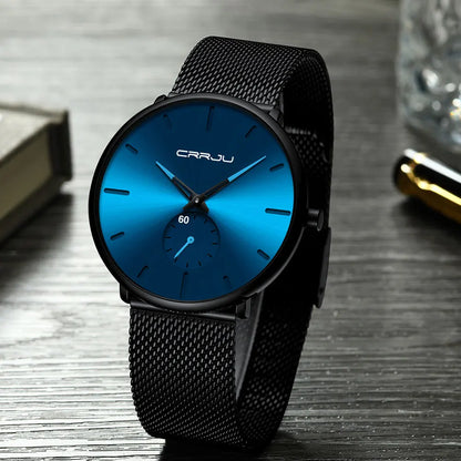 Relógio para homem CRRJU – Relógio de quartzo de luxo, estilo descontraído, fino, com bracelete em malha de aço, estanque e desportivo.