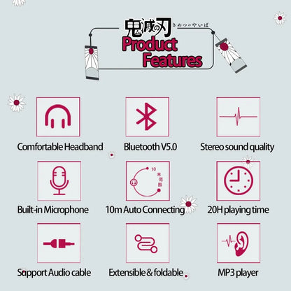Japan Anime Headphone Demon Slayer Kimetsu No Yaiba Kamado Tanjirou Cosplay Bluetooth Headset Earphone with Mic Support TF Card