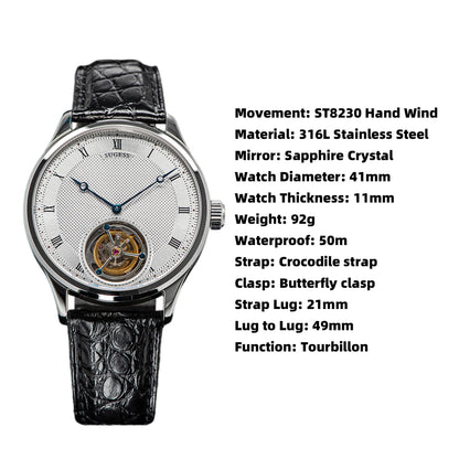 Montres pour homme Sugess Tourbillon ST8230 : montre-bracelet squelette vintage mécanique avec mouvement authentique de Tianjin, élégante, en cuir de crocodile