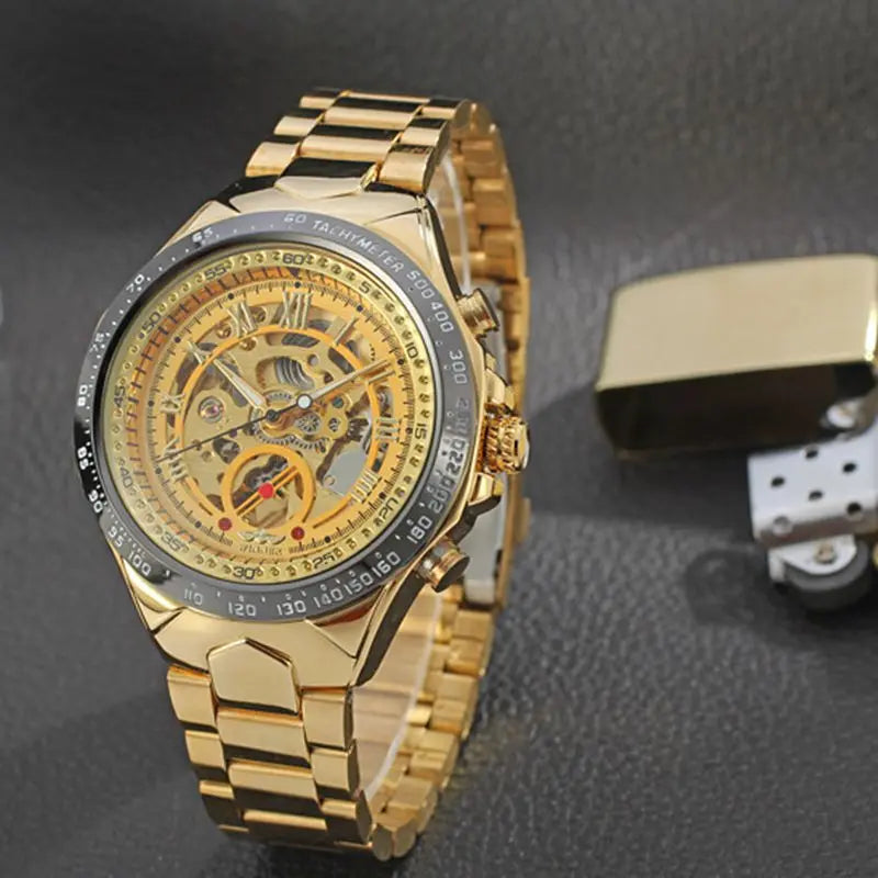 WINNER Montres pour homme en or Montre mécanique automatique Montre-bracelet squelette pour homme Bracelet en acier inoxydable Marque de luxe Design sportif