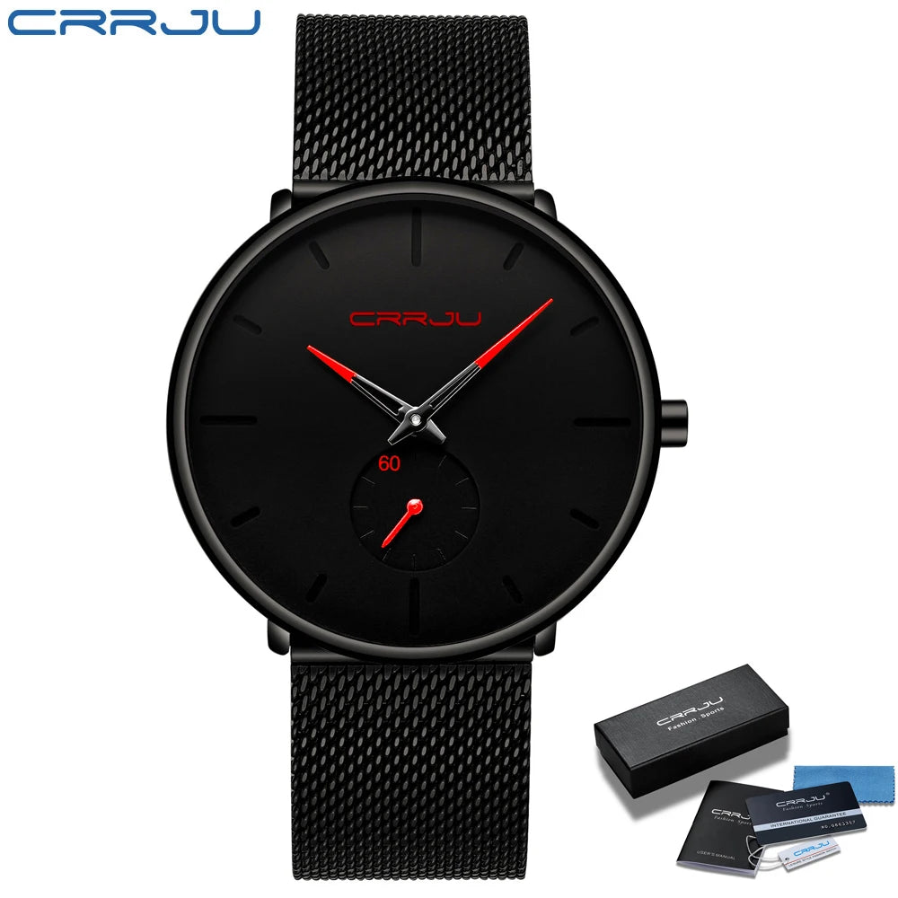 Relógio para homem CRRJU – Relógio de quartzo de luxo, estilo descontraído, fino, com bracelete em malha de aço, estanque e desportivo.