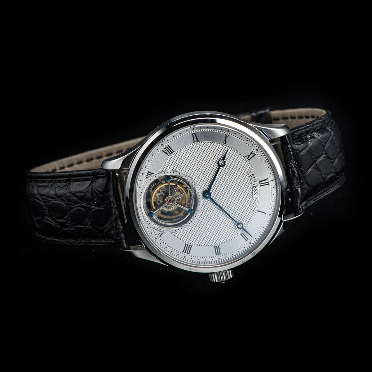 Montres pour homme Sugess Tourbillon ST8230 : montre-bracelet squelette vintage mécanique avec mouvement authentique de Tianjin, élégante, en cuir de crocodile