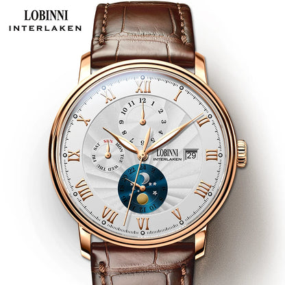 LOBINNI Men Watches Fashion Brand wrist watch Seagull Automatic Mechanical Clock Sapphire Moon Phase relogio masculino L1023B-2