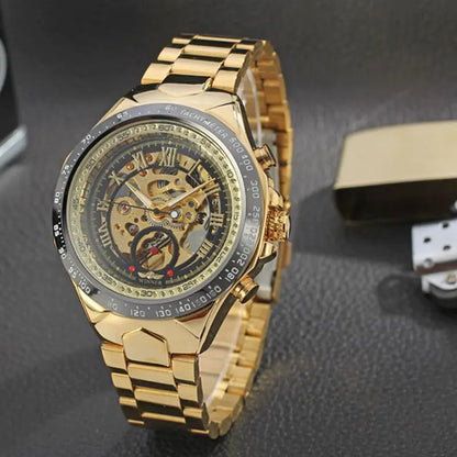 WINNER Montres pour homme en or Montre mécanique automatique Montre-bracelet squelette pour homme Bracelet en acier inoxydable Marque de luxe Design sportif