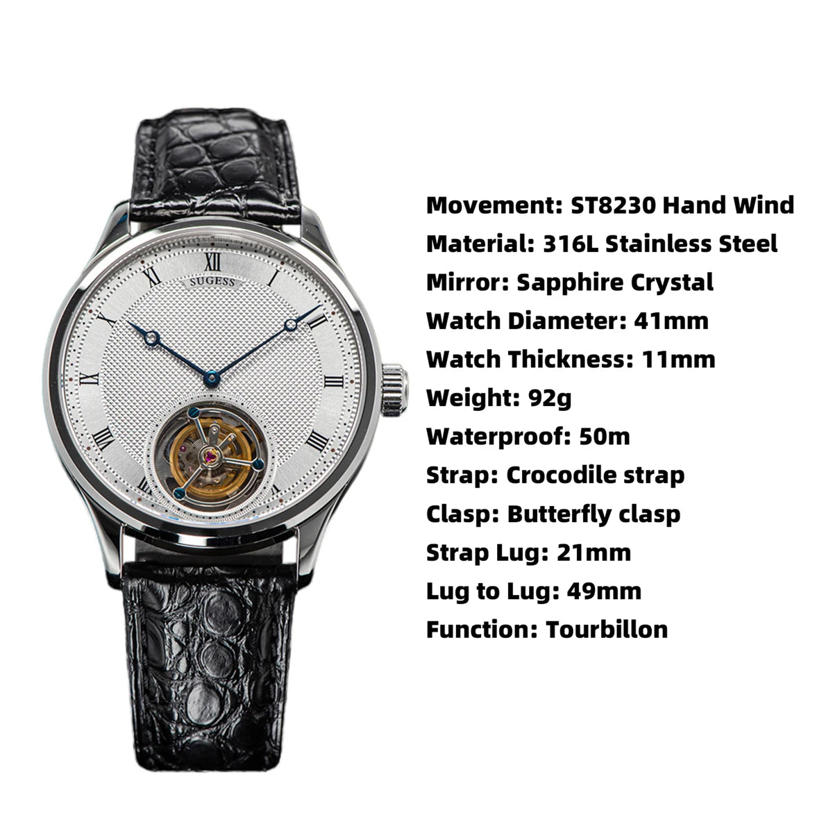 Montres pour homme Sugess Tourbillon ST8230 : montre-bracelet squelette vintage mécanique avec mouvement authentique de Tianjin, élégante, en cuir de crocodile
