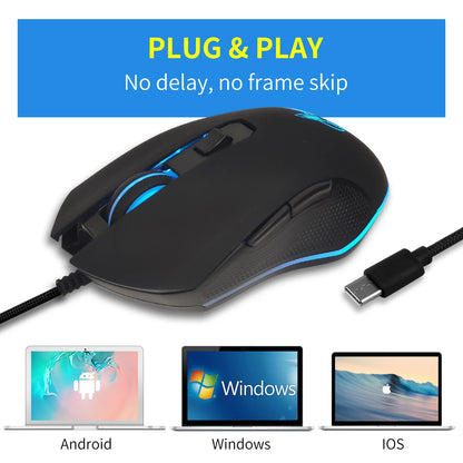 USB-C Wired Gaming Mouse with RGB Backlight, 2400 DPI Silent Computer Mouse for Type-C Laptop, Ergonomic USB-C Gaming Mouse for PC & Notebook