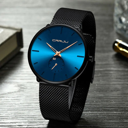 Relógio para homem CRRJU – Relógio de quartzo de luxo, estilo descontraído, fino, com bracelete em malha de aço, estanque e desportivo.