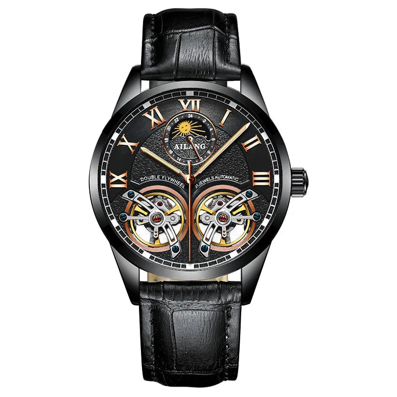 AILANG Double Tourbillon Design Business Men Mechanical Watch Fashion Leather Moon Phase Automatic Watches for Mens Reloj Hombre