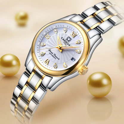 Orologio da polso meccanico da donna del marchio CARNIVAL – Modello elegante, movimento automatico, vetro zaffiro, impermeabile.