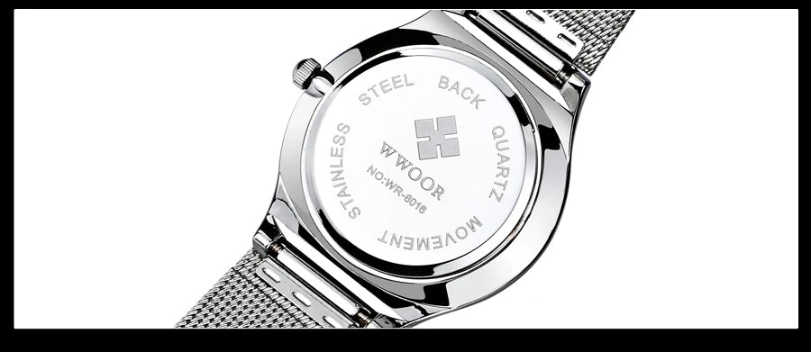 WWOOR Silver Men Watches with Mesh Steel Top Brand Luxury Ultra Thin Quartz Waterproof Date Business Wristwatch Box Montre Homme