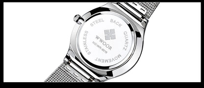WWOOR Silver Men Watches with Mesh Steel Top Brand Luxury Ultra Thin Quartz Waterproof Date Business Wristwatch Box Montre Homme