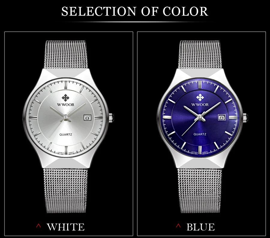 WWOOR Silver Men Watches with Mesh Steel Top Brand Luxury Ultra Thin Quartz Waterproof Date Business Wristwatch Box Montre Homme