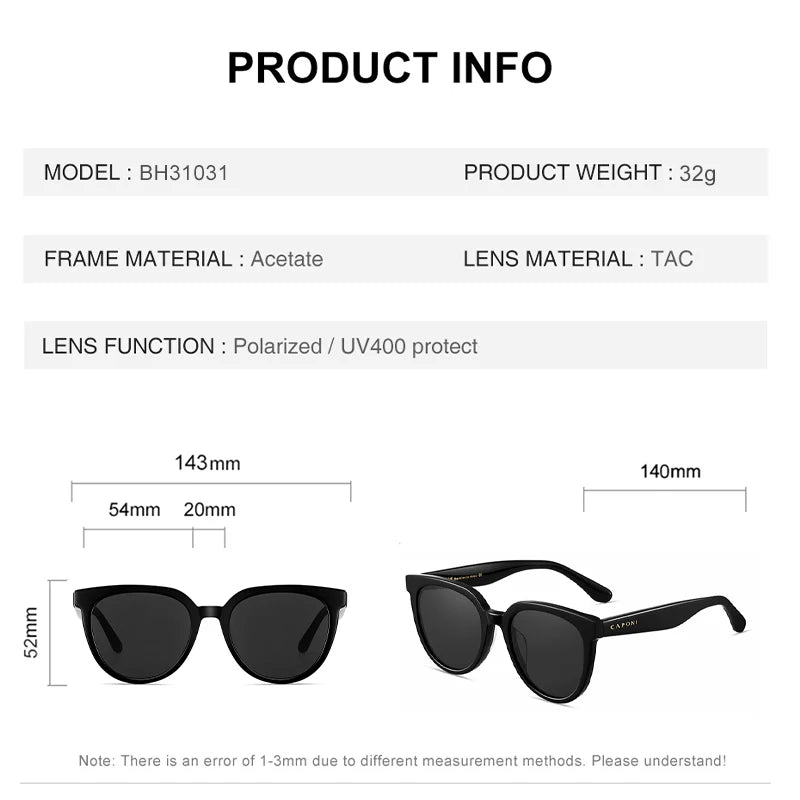 Óculos de sol de design da marca CAPONI para mulher, estilo retro, para raparigas, estilo coreano, polarizados, com proteção UV, modelo BH31031