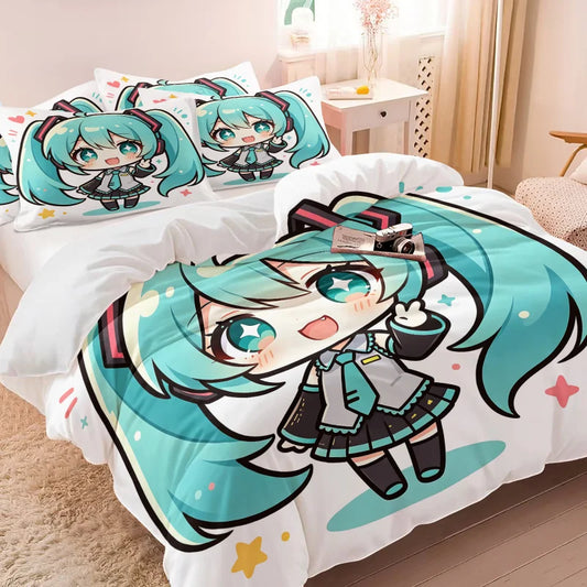 Hatsune Miku Chibi Style Duvet Cover Set Cute Anime Bedding with Pillowcases Gaming Room Teens Kids Bedroom Decor Gift for fans