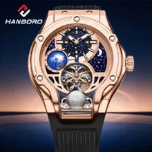 Orologio meccanico da uomo HANBORO – Movimento automatico, sveglia, suoneria oraria, impermeabile fino a 100 m, vetro zaffiro, cassa in acciaio, stile elegante e unico.