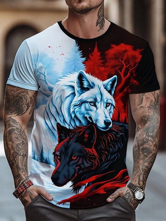 Fashionable Summer Men's Dominant Wolf Print Pattern Breathable Round Neck T-shirt Outdoor High Street Casual Top