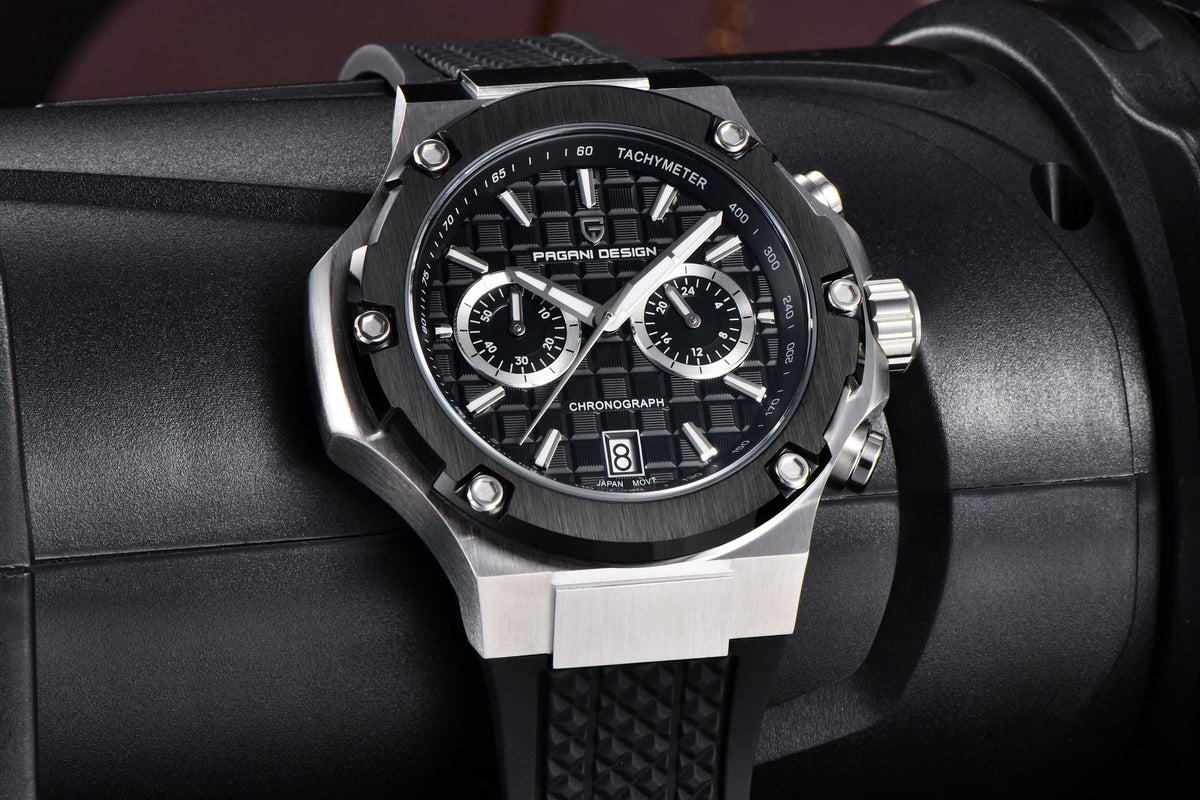 Orologio da uomo PAGANI DESIGN – Cronografo sportivo di lusso in oro rosa, dotato di un movimento al quarzo giapponese VK64 e di un cinturino in gomma fluorurata.