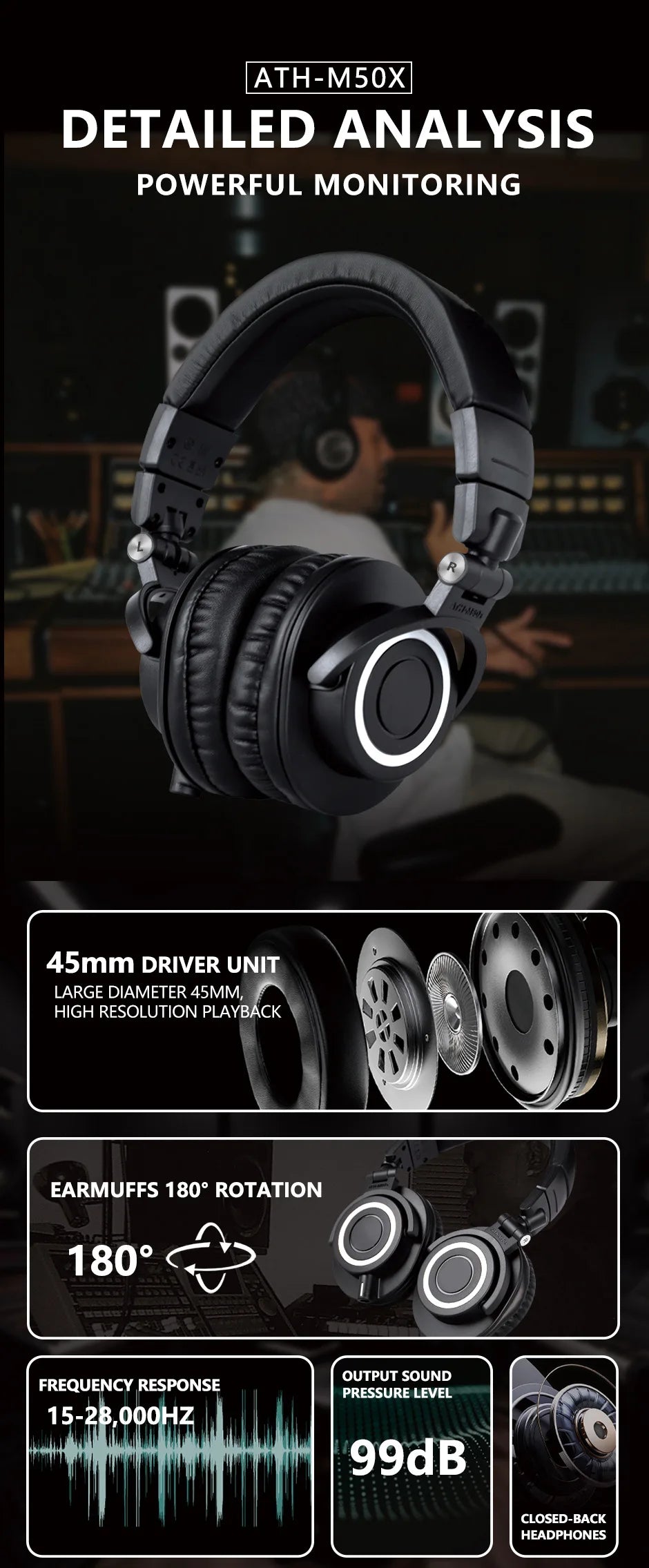 M50X HIFI Audio Headphones Professional Fully Enclosed Foldable Monitoring earphones Game Music Headset orange colour qualified