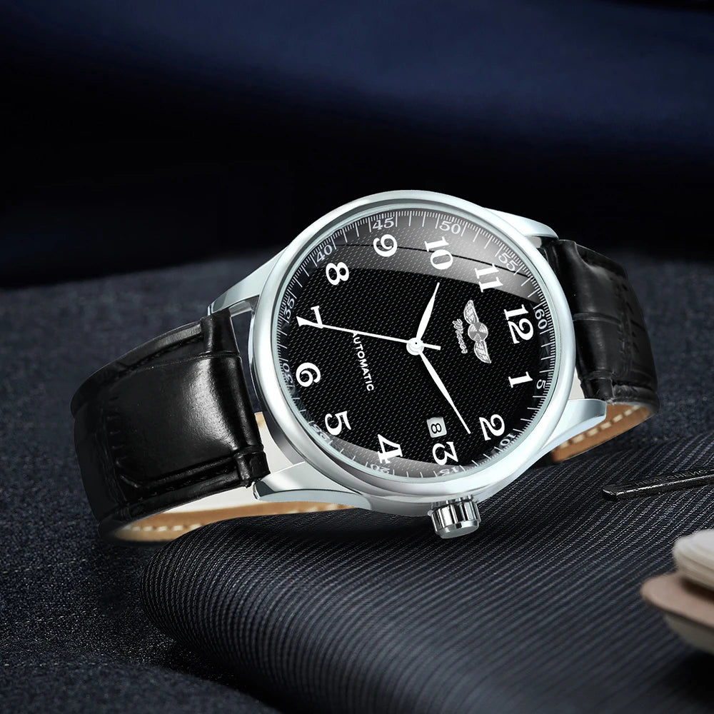 Orologio da uomo WINNER – Stile classico, retrò ed elegante – Orologio meccanico a carica automatica con calendario – Marchio di lusso, cassa in acciaio e cinturino in pelle