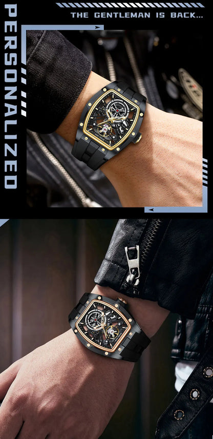 Reloj de pulsera MINI FOCUS para hombre, negro, a la moda, resistente al agua, mecánico automático, con manecillas luminosas, correa de silicona y esfera tonneau