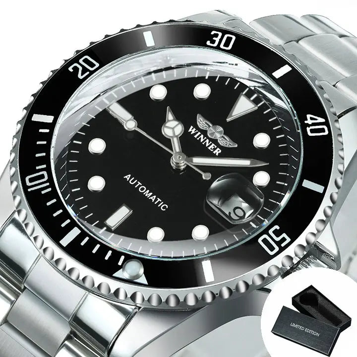 Orologio meccanico classico da uomo – Marchio di lusso, stile professionale, movimento automatico, lunetta girevole, quadrante luminescente, bracciale in acciaio