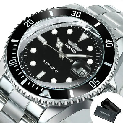 Orologio meccanico classico da uomo – Marchio di lusso, stile professionale, movimento automatico, lunetta girevole, quadrante luminescente, bracciale in acciaio
