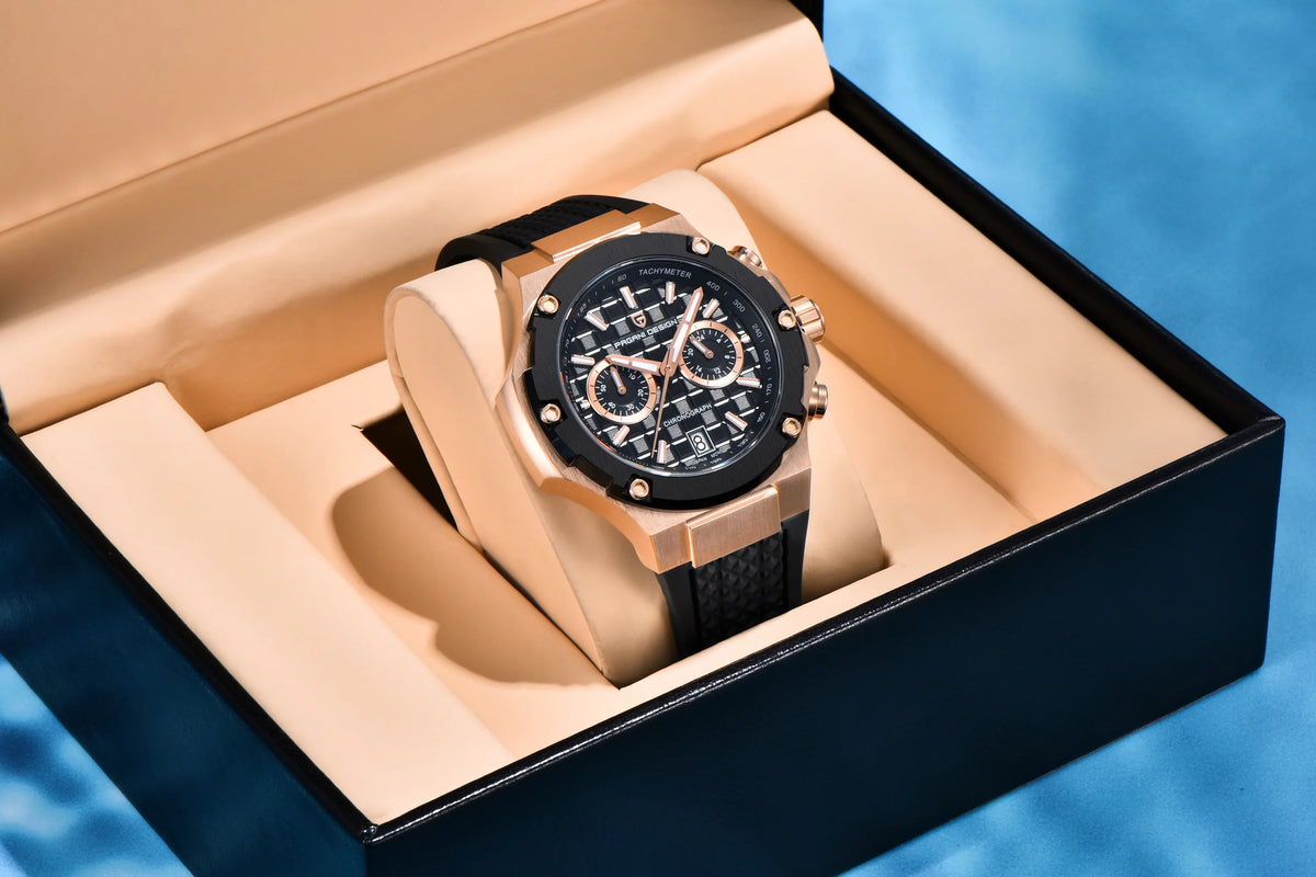 Orologio da uomo PAGANI DESIGN – Cronografo sportivo di lusso in oro rosa, dotato di un movimento al quarzo giapponese VK64 e di un cinturino in gomma fluorurata.