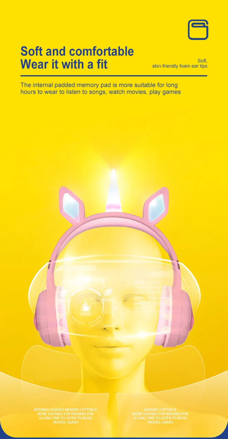 Glow Unicorn Headphones | Bunny Ear Bluetooth Headset with  Mic & TF Slot | Wireless Over-Ear LED