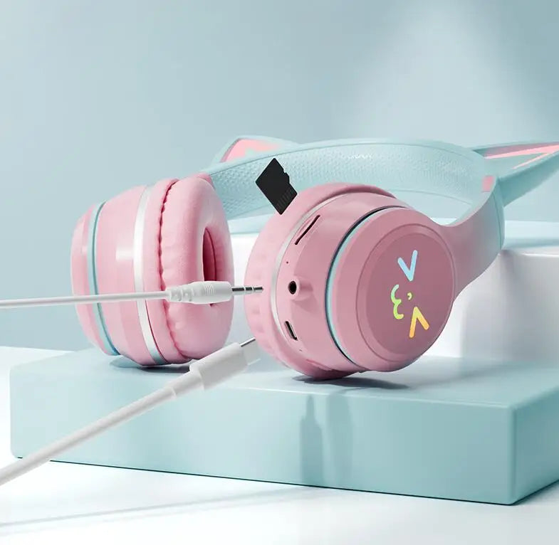 Gradient wireless RB cute cat ears Bluetooth headphones with microphone stereo music games headphones girls children gift