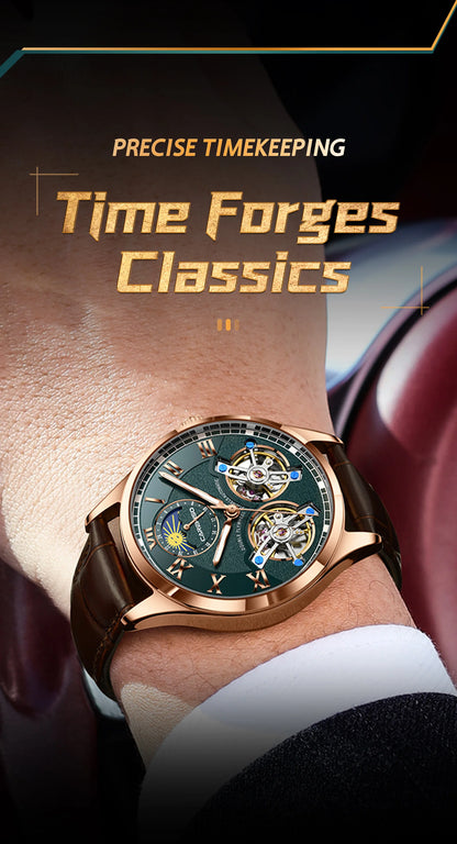 CAREKISO Fashion Men Clock Double Hollow Tourbillon Automatic Mechanical Man Watch Waterproof Luminous Leather Men's Watches+Box