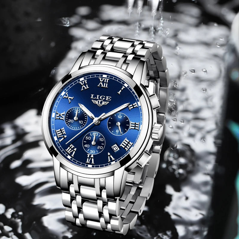 Orologio da uomo LIGE – Cronografo di lusso, stile sportivo casual, impermeabile, interamente in acciaio, movimento al quarzo