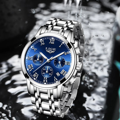 Orologio da uomo LIGE – Cronografo di lusso, stile sportivo casual, impermeabile, interamente in acciaio, movimento al quarzo