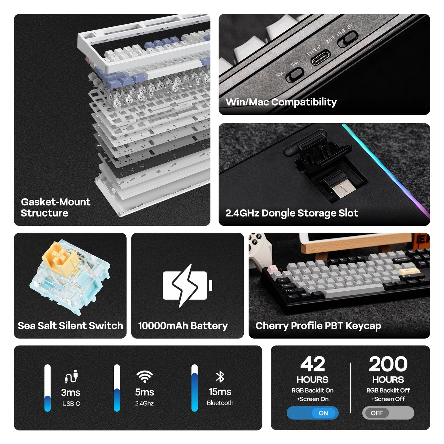 Teclado mecánico EPOMAKER TH108 PRO 100% de tamaño completo, hot-swap, con cable/BT/inalámbrico 2.4Ghz, pantalla y perilla, batería de 10000mAh