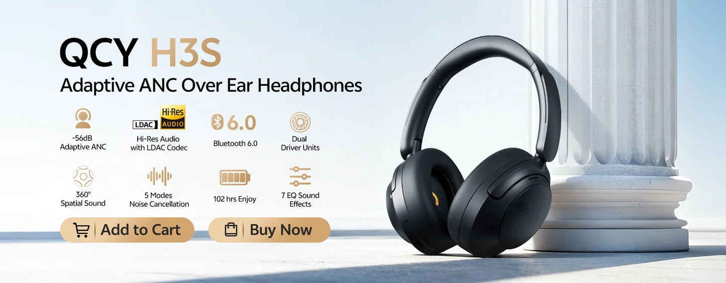 QCY H3S ANC Over Ear Headphones -56dB Noise Cancelling Headsets Bluetooth 6.0 Hi-Res LDAC Spatial Sound Earphones Dual Driver