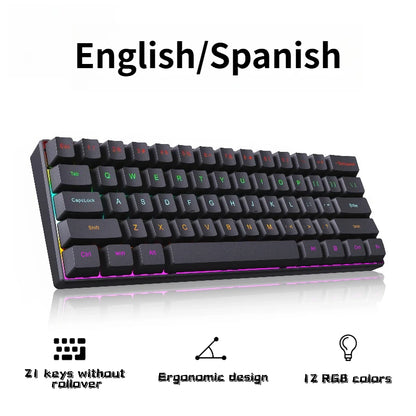 H61K USB-Type C Wired Mechanical Keyboard Red Switch RGB Backlit 61 Keys English Spanish Wired Keyboard for Game Office