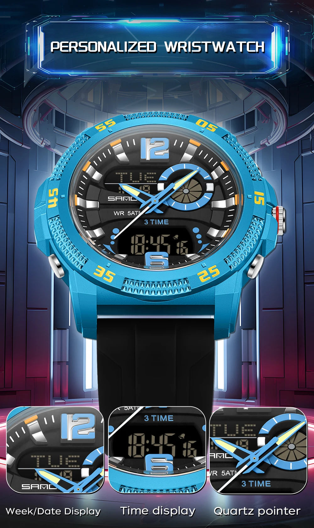 Montres de luxe pour homme SANDA Fashion : montre-bracelet à quartz analogique et numérique, style sportif, décontractée, étanche, avec chronographe en silice