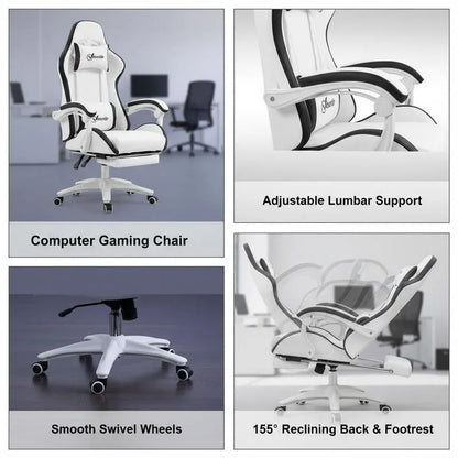 Leather Gaming Chair 135° Reclining with Retractable360° Swivel Height Ergonomic White Contrast Edge Office Chair 120KG Capacity
