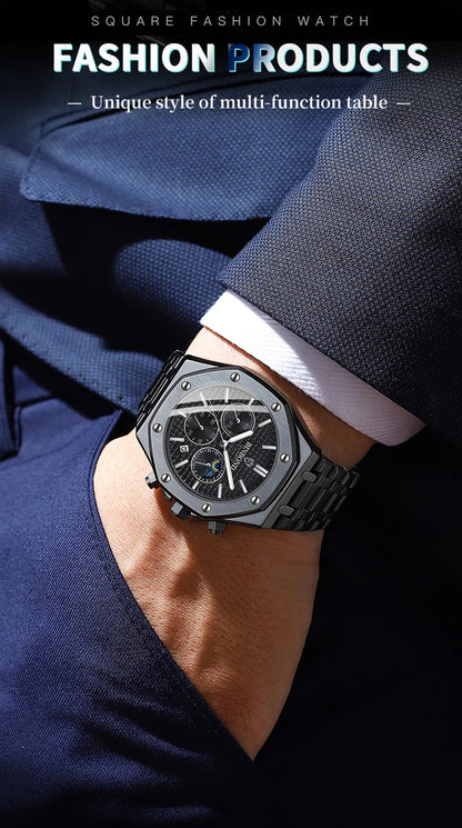 Montre-bracelet à quartz BINBOND pour homme, chronographe de luxe luminescent, en acier inoxydable, étanche, avec date et calendrier
