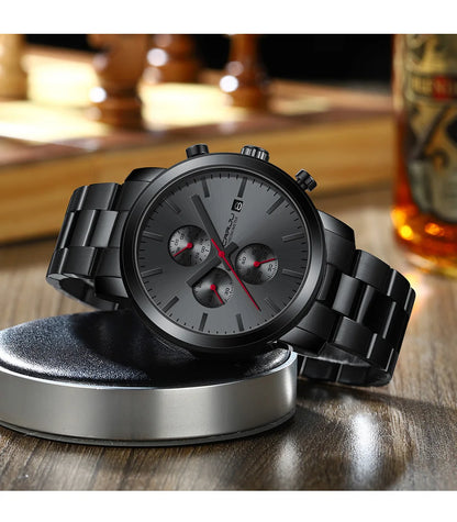 Orologio da uomo CRRJU – Cronografo in acciaio inossidabile, impermeabile, con datario, movimento al quarzo analogico, stile elegante e professionale