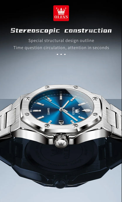 Montres OLEVS pour homme : montre de luxe classique à quartz, argentée et bleue, étanche, en acier inoxydable, luminescente, Reloj Hombre
