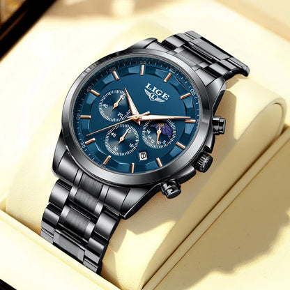 Orologio da uomo LIGE – Cronografo al quarzo di lusso, impermeabile (3 bar), con lancette luminescenti