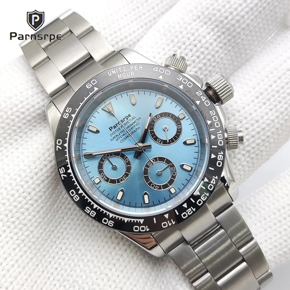 Zegarek kwarcowy dla mężczyzn 39 mm – luksusowy chronograf, modny, z szafirowym szkiełkiem, stylowy, sportowy, z bransoletą ze stali nierdzewnej